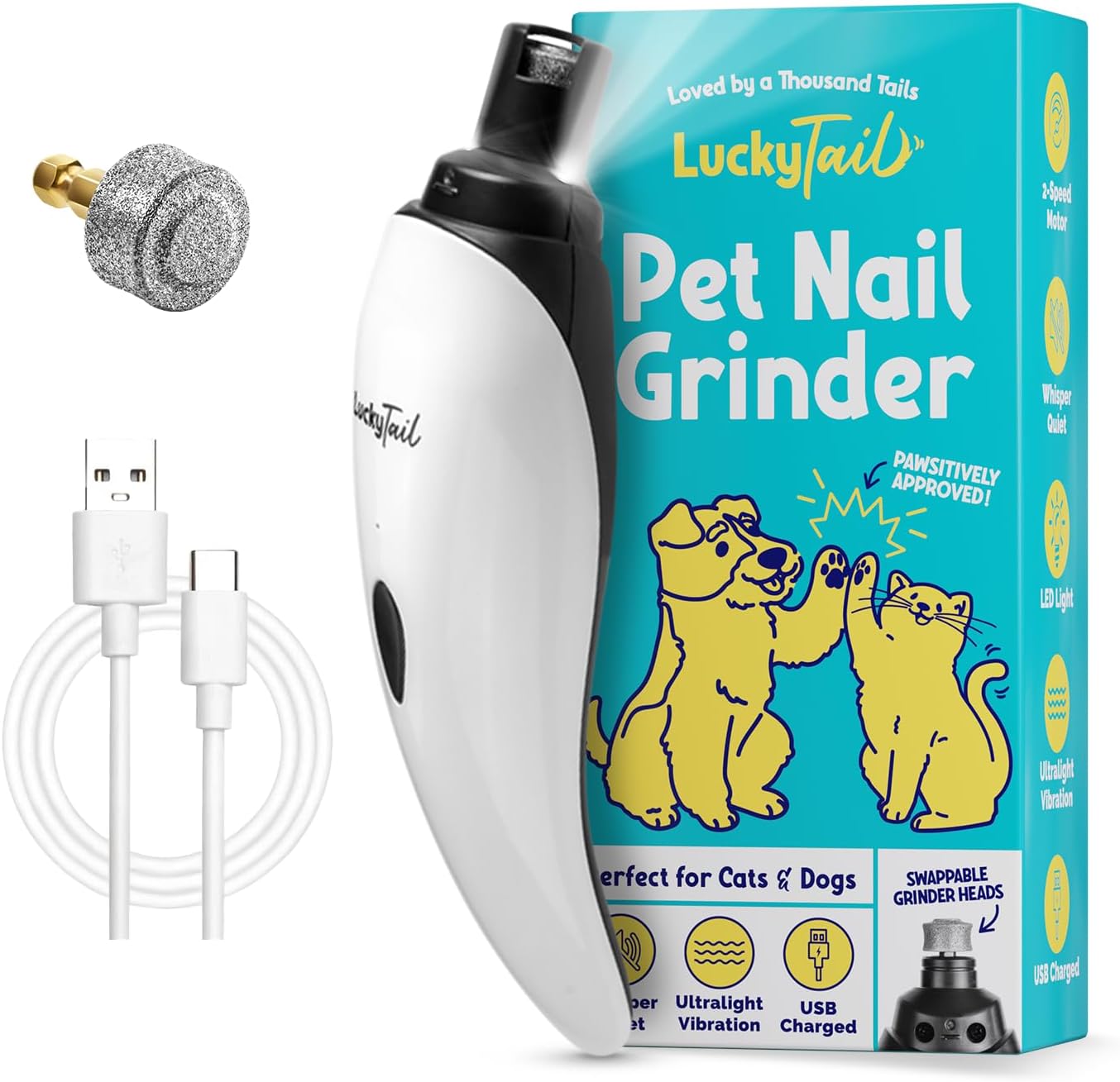 LuckyTail Pet Nail Grinder for Dogs and Cats – Super Quiet and Low Vibration Electric Dog Nail Grinder with 2 LED Lights – USB Rechargeable and Cordless – 2 Speeds – Small to Large Pets