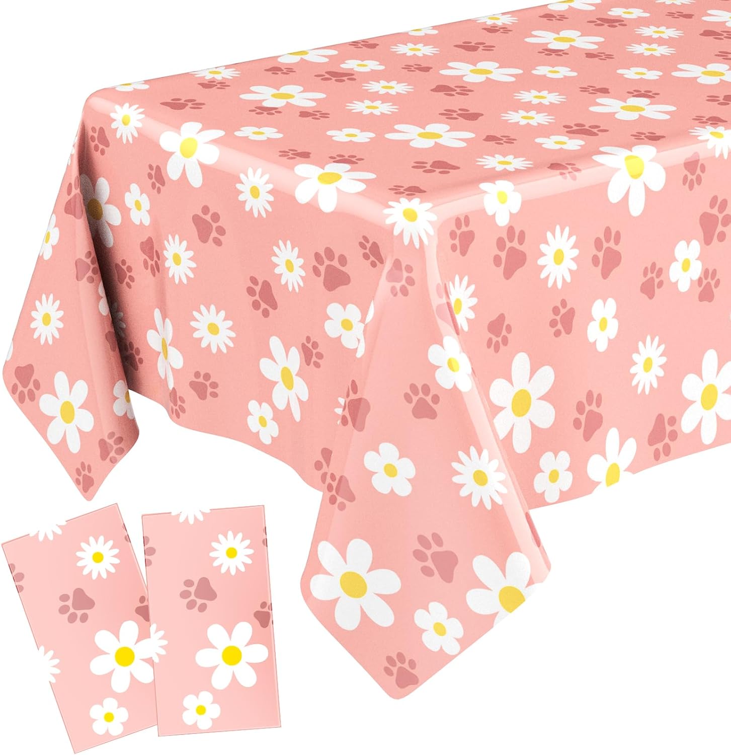 2 Pcs Puppy Daisy Paw Print Plastic Tablecloths Pink Disposable Rectangle Table Cover Daisy Flower Puppy Birthday Party Decorations for Pet Dog Themed Party Supplies(108 x 54 Inch)