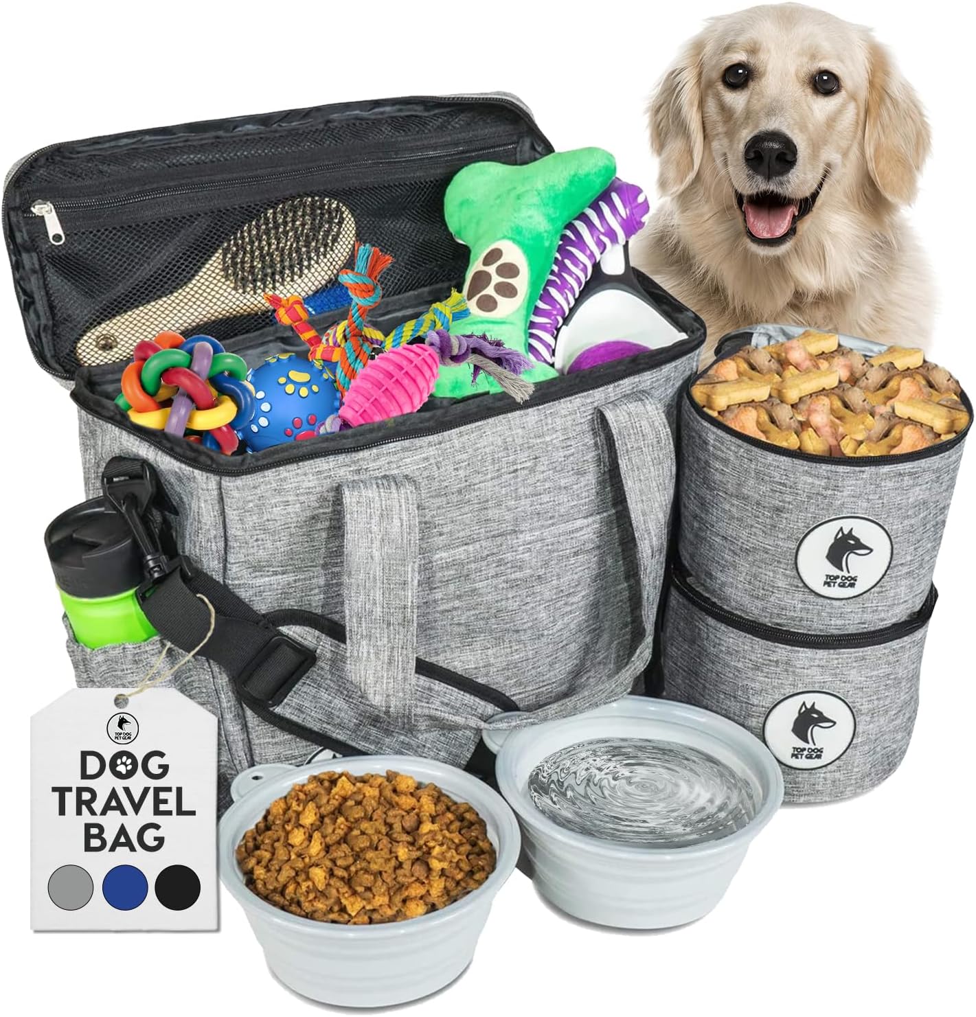 Grey Dog Travel Bag – Airline-Approved Pet Supply Organizer with Collapsible Bowls & Food Storage, Camping & Beach Ready