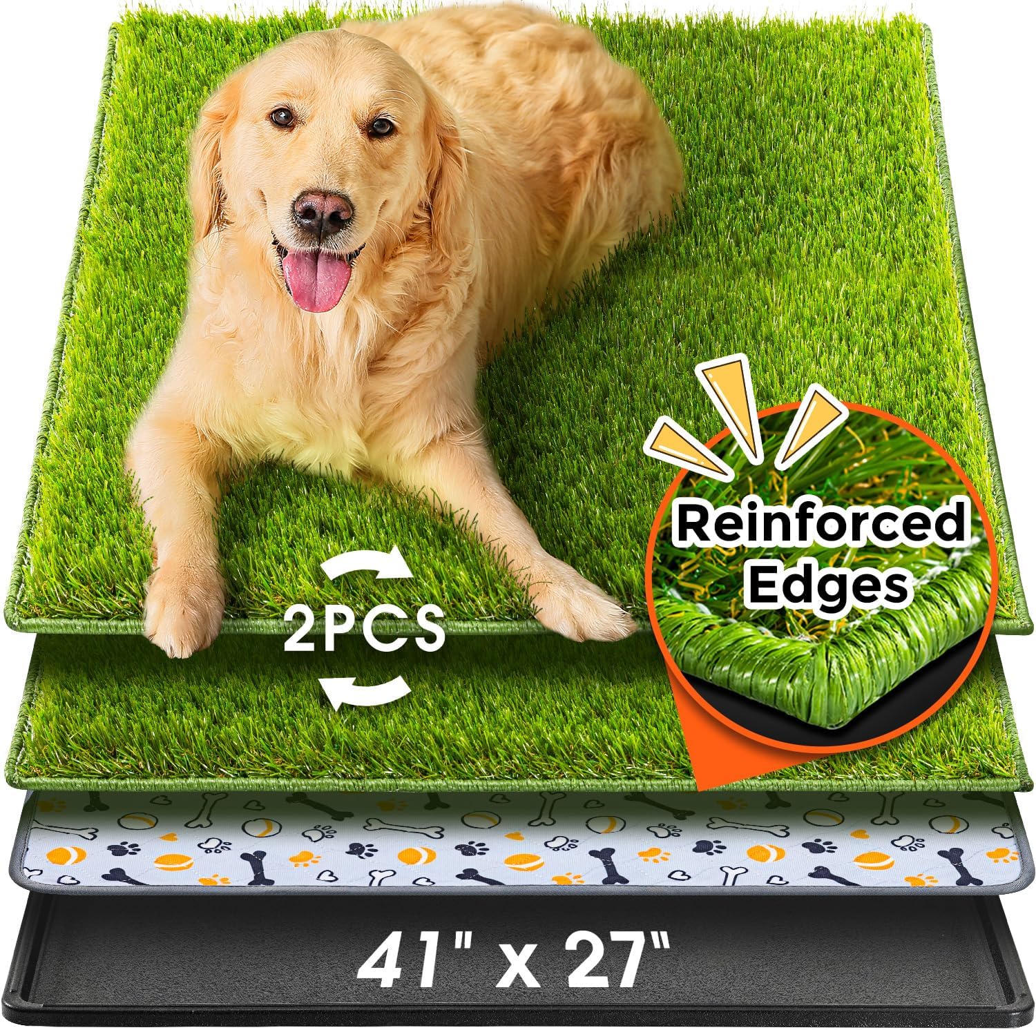 Hompet Dog Grass Pad with Tray Large, 41″x27″, 2 Reusable Artificial Turf for Dogs Potty, Waterproof Non-Slip Washable Pee Pads, Quickly Absorbency Portable Dog Litter Box for Indoor/Outdoor Use