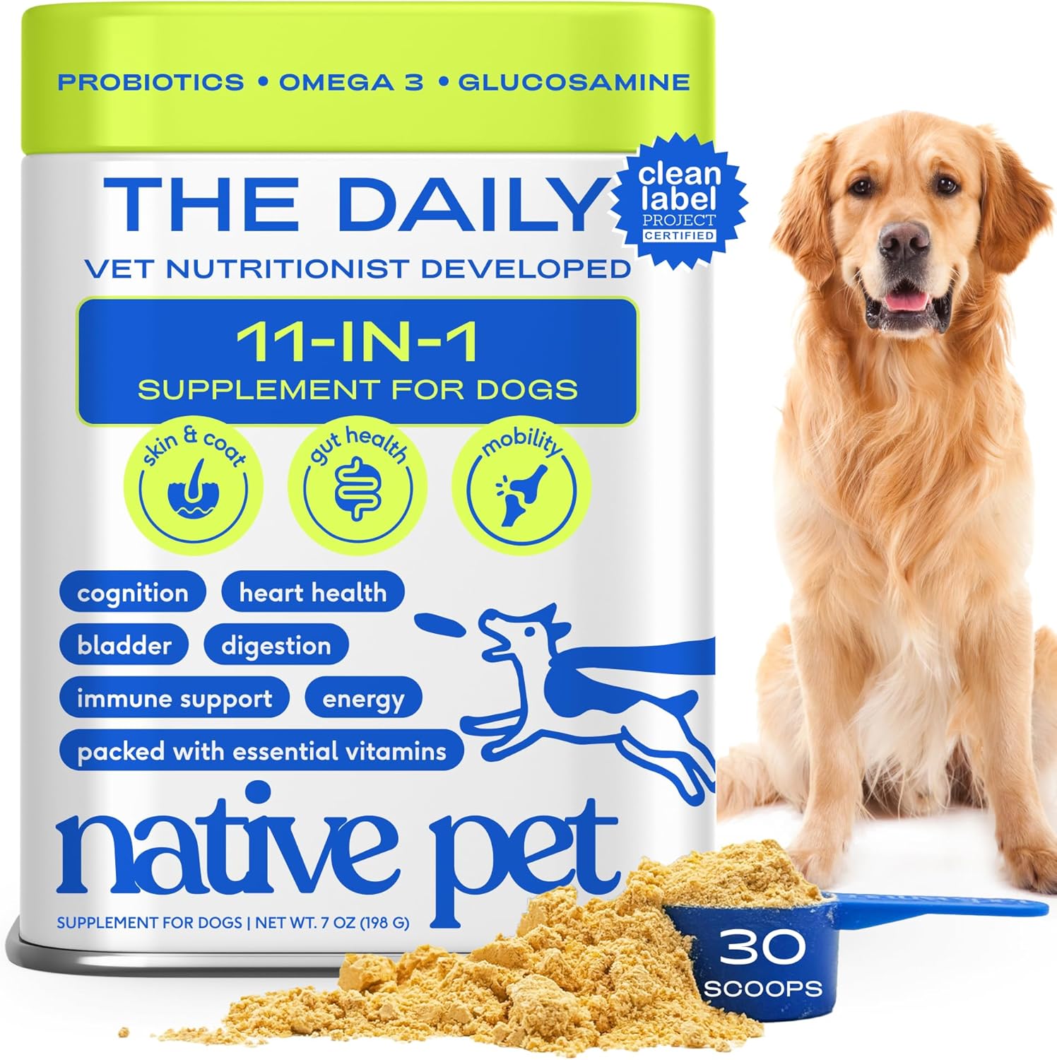 Native Pet Dog Vitamins & Supplements – 11-in-1 Multivitamin Powder for Dogs Food Topper – Collagen, Glucosamine, Probiotics, Omega & More- Supports Healthy Gut, Mobility & Overall Health -30 Scoops