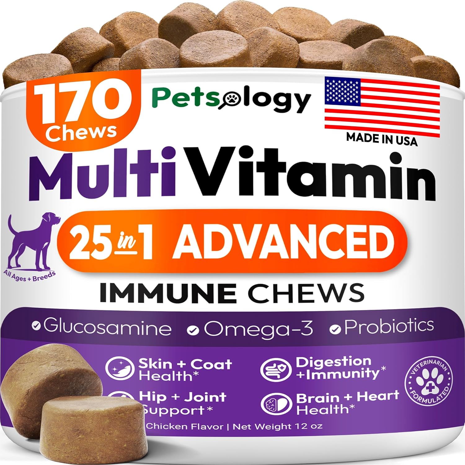 Dog Multivitamin Chewable – Dog Vitamins and Supplements with Glucosamine – 170 Chews – Hip & Joint, Pet Immune Support, Skin & Coat, Gut & Heart Health – Senior & Puppy Multivitamin Pet Supplement