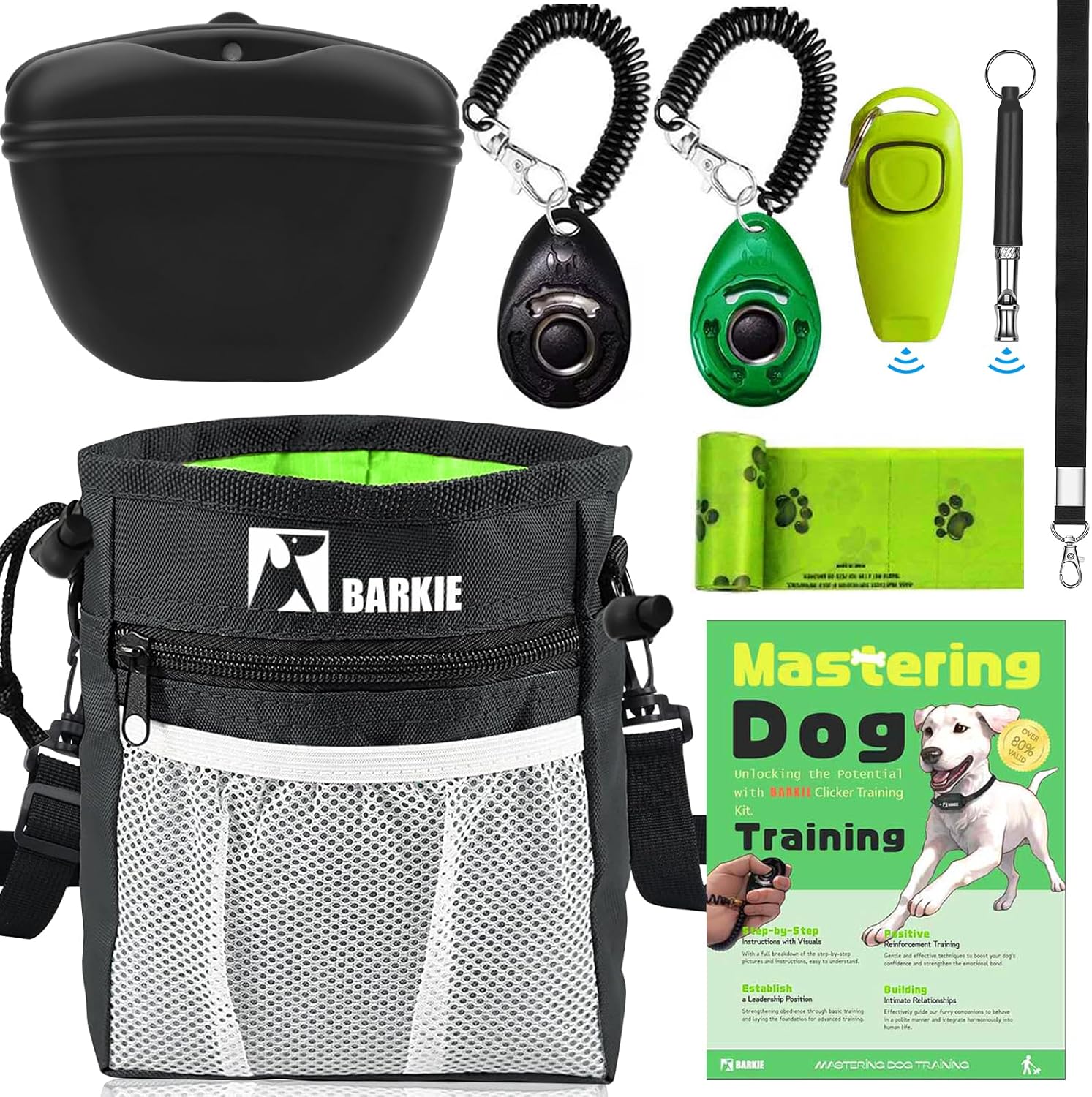 BARKIE Dog Training Kit – Treat Pouch, Pet Training Fanny Pack, 2 Puppy Training Clickers, Ultrasonic Silent Whistle, 2-in-1 Whistle Clicker, Clicker Training Guide Booklet, Dog Poop Bag (Black)