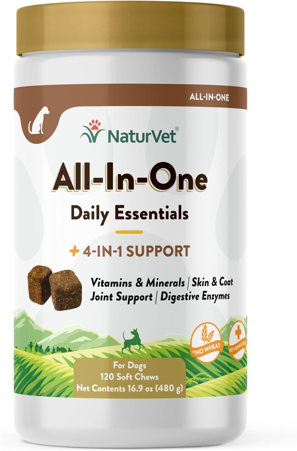 NaturVet All-in-One Dog Supplement – for Joint Support, Digestion, Skin, Coat Care – Dog Multivitamins with Minerals, Omega-3, 6, 9 – Wheat-Free Vitamins for Dogs – 120 Soft Chews