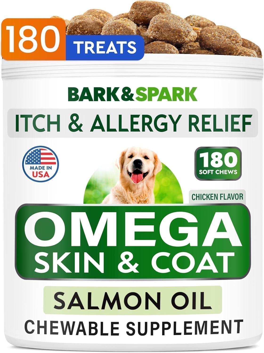 BARK&SPARK Omega 3 for Dogs – 180 Fish Oil Treats for Dog Shedding, Skin Allergy Chews, Itch Relief, Hot Spots Treatment – Joint Health – Skin and Coat Supplement – EPA & DHA Fatty Acids – Salmon Oil
