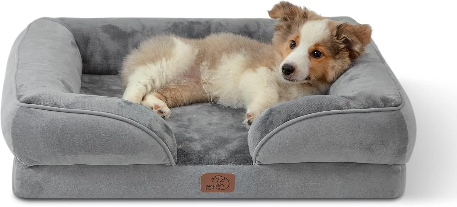 Bedsure Orthopedic Dog Bed Medium Size Dogs – Washable Small Medium Dog Cat Bed Waterproof, Comfort Cats Couch Sofa with Washable Removable Cover, Pets Bed with Nonskid Bottom, Grey, 28″