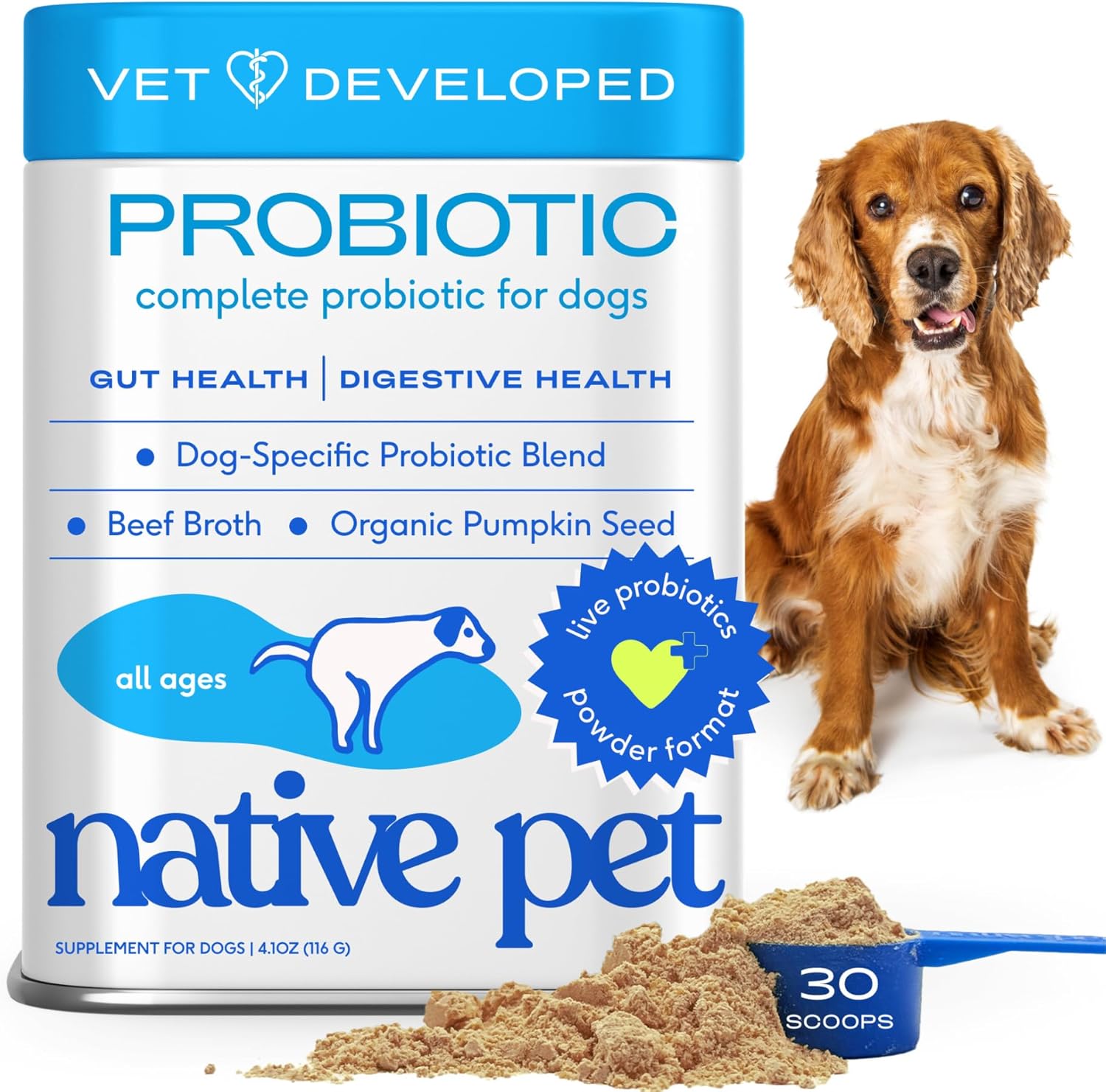 Native Pet Probiotics for Dogs – Dog Probiotics Powder for Digestive Health, Gut Support, & Immune Boost – Vet-Formulated Powder for Maximum Potency with Digestive Enzymes & Prebiotics – 30 Scoops
