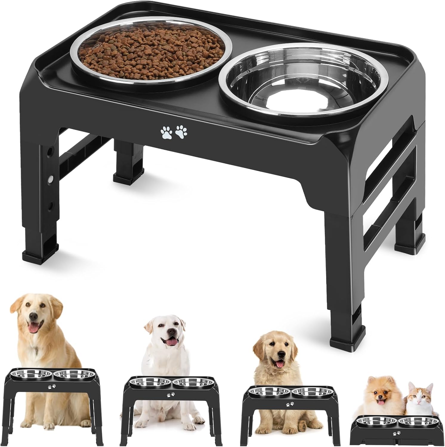 COMESOON Elevated Dog Bowls, 4 Height Adjustable Raised Bowl Stand with 2 Thick 50oz Stainless Steel Food Bowls Non-Slip Feeder Adjusts to 3.7”, 9.2”, 10.75”, 12.36” Black, (DB-W01)