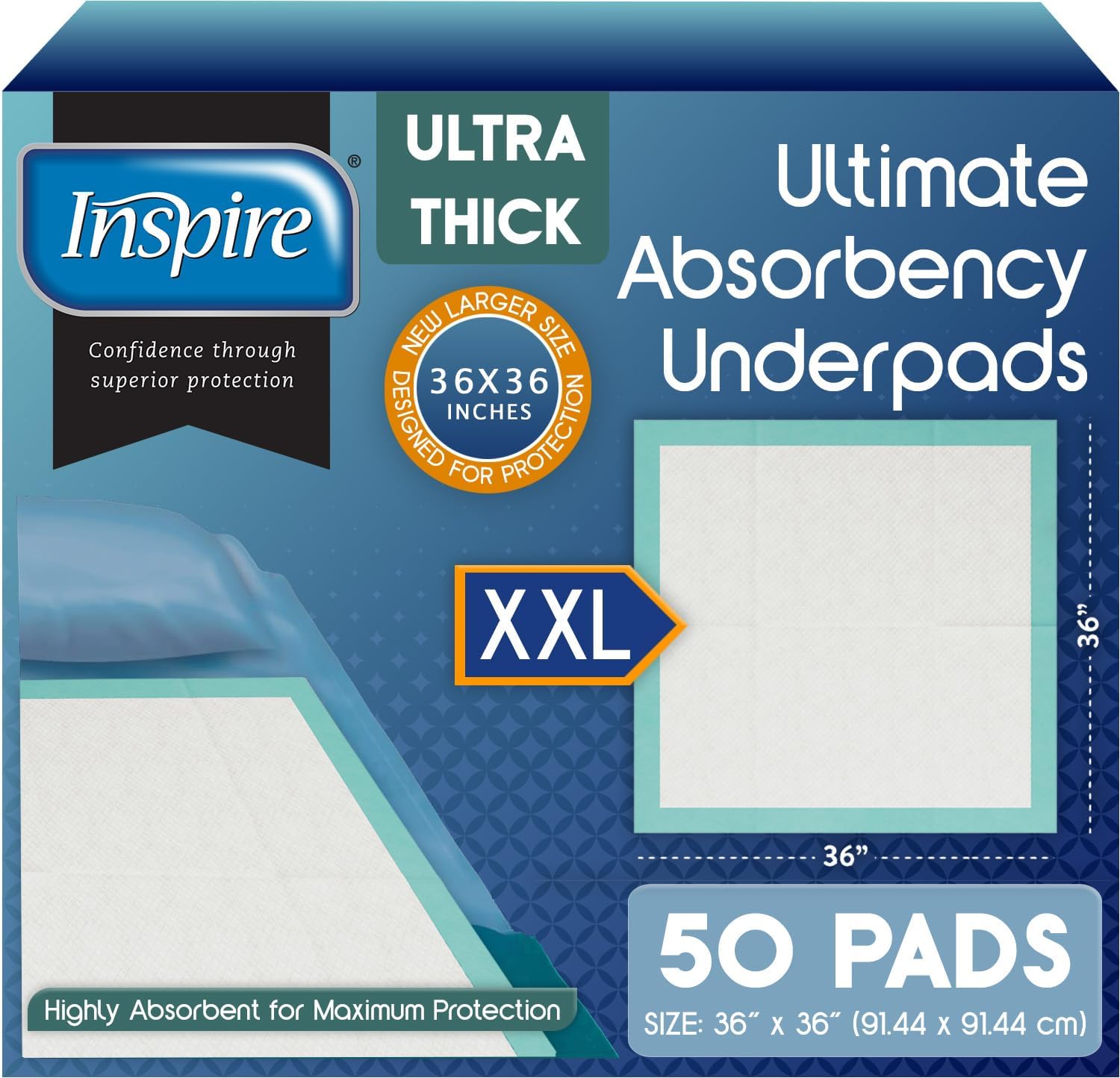 Inspire Extra Large Super Absorbent Disposable Bed Pads for Chronic Incontinence Ultra Thick and Absorbent Bed Pads Disposable Adult | Pee Pads for Adults (36″ X 36″ Pack of 50)