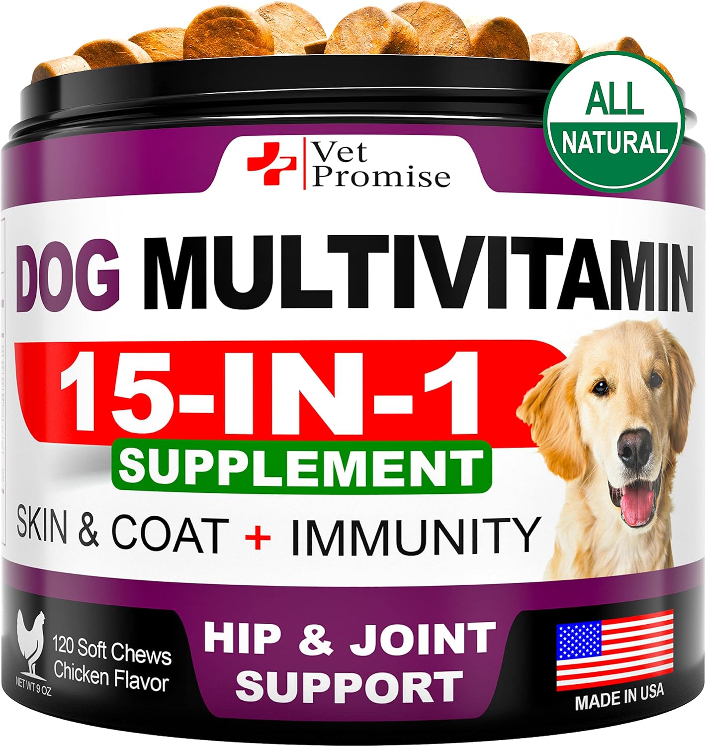 Dog Multivitamin Chewable with Glucosamine – Dog Vitamins and Supplements – Senior & Puppy Multivitamin for Dogs – Pet Joint Support Health – Immunity – Mobility – Energy – Gut – Skin – 120 Chews
