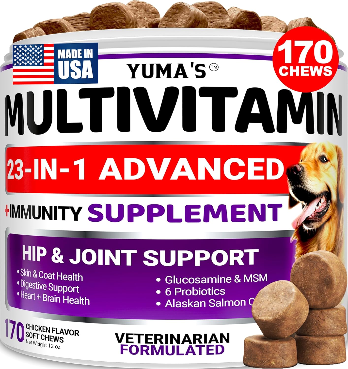 Dog Multivitamin Chewable with Glucosamine – Dog Vitamins and Supplements – 170 Treats – Senior & Puppy Multivitamin for Dogs – Hip & Joint Support – Immune Health, Skin, Heart, Digestion, Probiotics