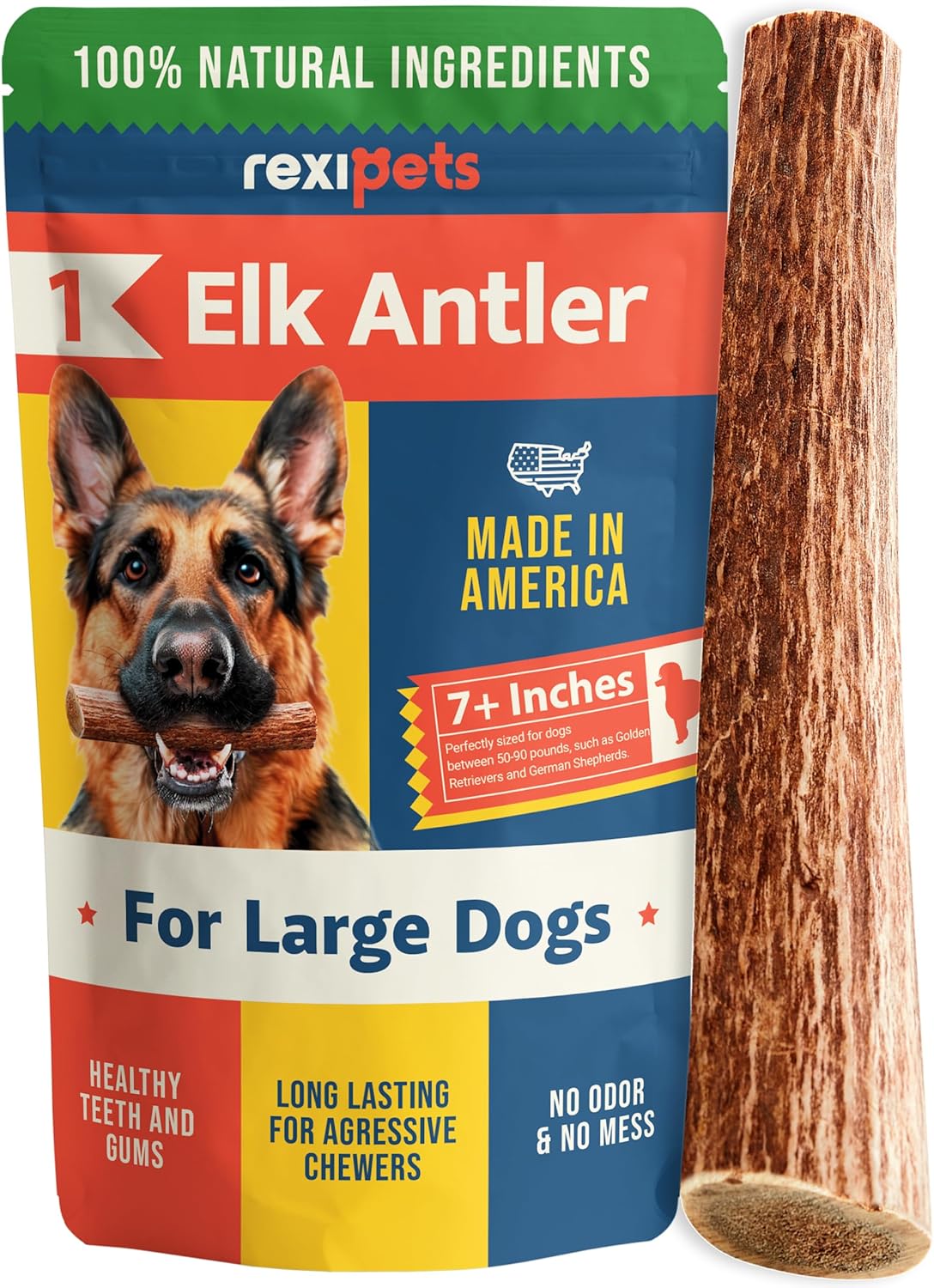 REXIPETS 100% Natural – Elk Antlers for Dogs – Naturally Shed in USA – Long Lasting Chews for Aggressive Chewers – Natural, Real Dog Antler Treats & Toys – Dog Chews – No Odor & No Mess – Large