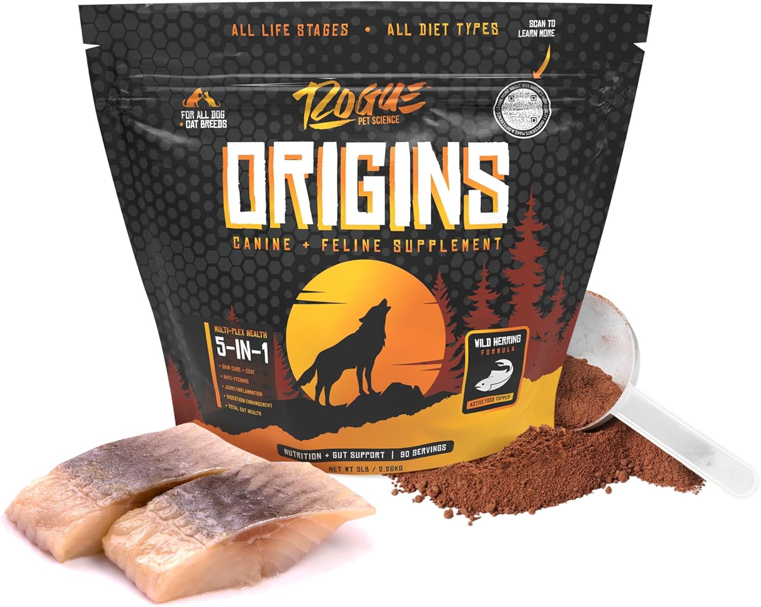 ROGUE PET SCIENCE Origins 5-in-1 Dog Supplement – Powdered Food Topper w/Natural Omega 3 Fish Oil – Supports Healthy Digestion, Skin, and Coat – Helps Reduce Itching & Joint Inflammation (5 lbs)
