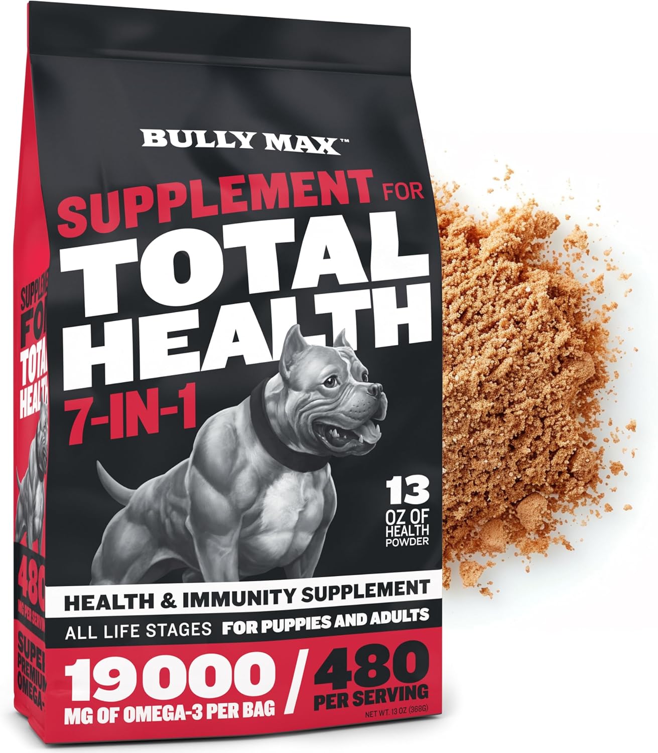 Bully Max 7-in-1 Dog Multivitamin Powder with Omega 3, 6, Glucosamine & Chondroitin for Immune System, Digestive & Joint Health – Food Topper, Vitamins & Supplements for Puppy & Adult Dogs, 13Oz Bag