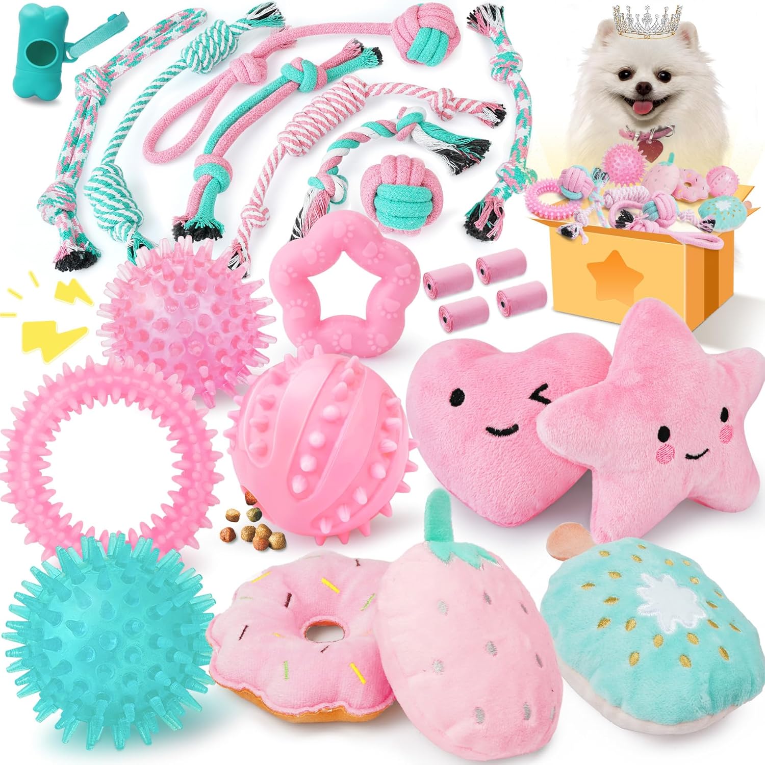 XIUGOAL Pink Puppy Toys for Boredom – 23 Pack Puppy Chew Toys for Teething, Interactive Dog Toys for Puppies, Cute Small Dog Toys with Treat Ball, Squeaky Dog Chew Toys and Ropes