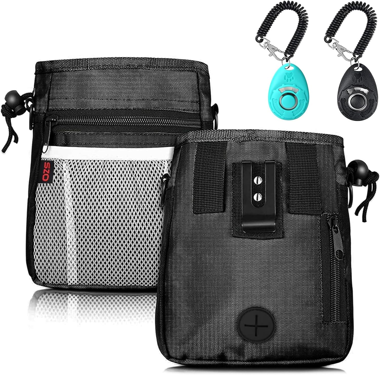 Dog Treat Pouch – 3 Ways to Wear Treat Pouches for Pet Training and 2 Pieces Clicker Taining for Dogs, Dog Training Treat Pouch Bag and Dog Clicker for Training with Waist Belt Shoulder Strap – Black