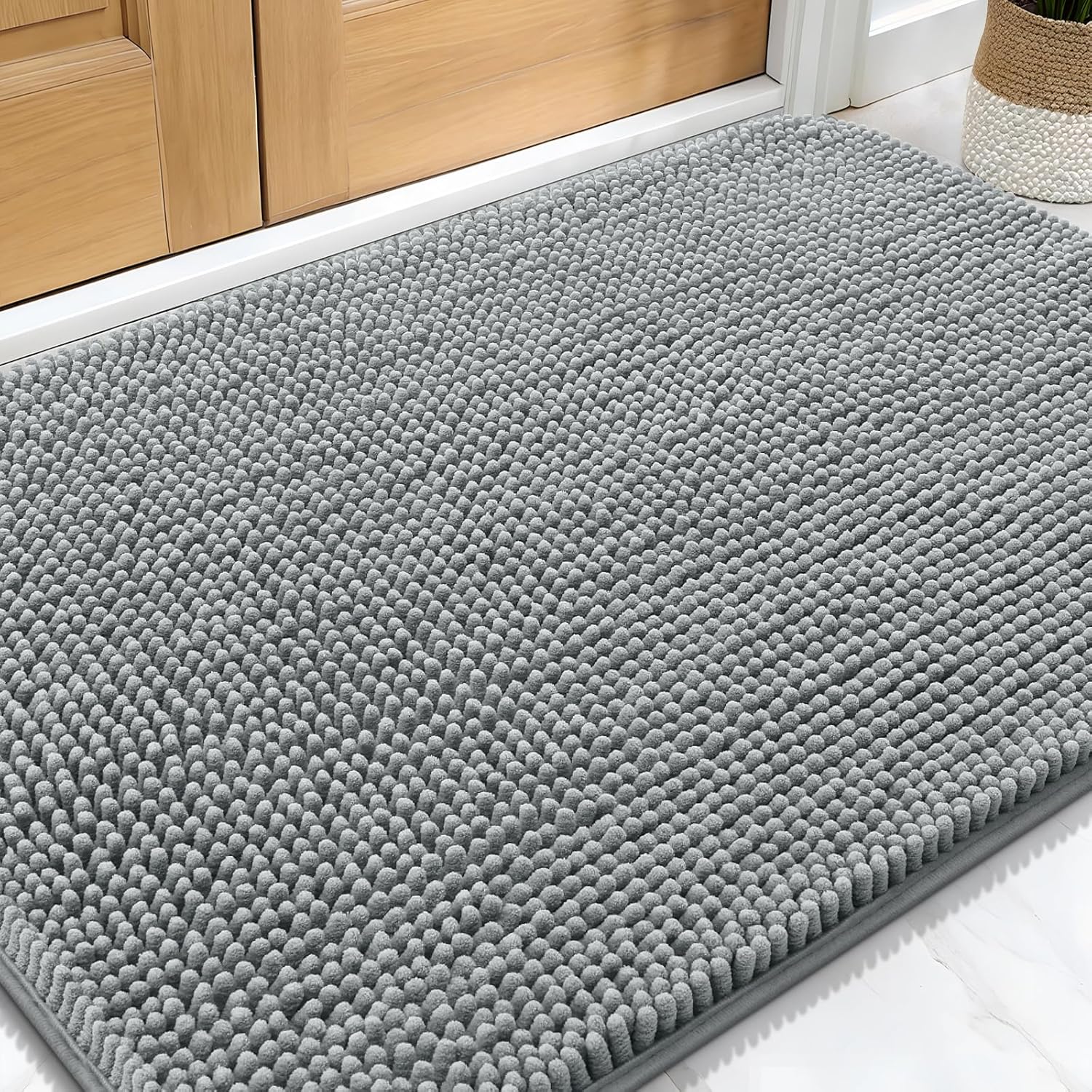 OLANLY Dog Door Mat for Muddy Paws 30×20, Absorbs Moisture and Dirt, Absorbent Non-Slip Washable Doormat, Quick Dry Chenille Mud Mat for Dogs, Entry Indoor Entryway Carpet for Inside Floor, Grey
