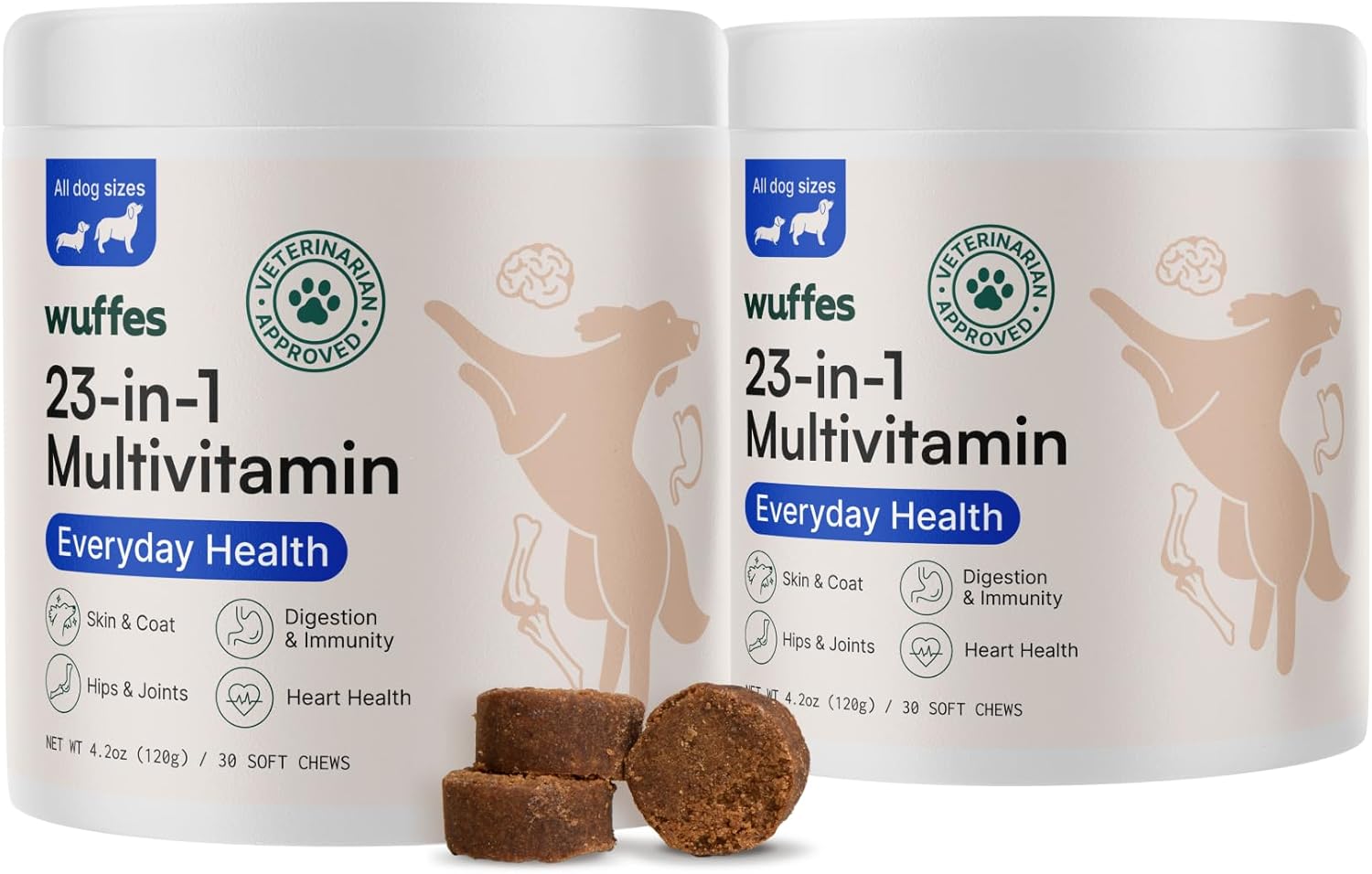 Wuffes 23-in-1 Dog Multivitamin Supplement for Hip & Joint, Skin & Coat and Immune System Support with Omega 3, Iron, Zinc, Vitamin C – Minerals & Vitamins for Senior Dogs and Puppies – 60 Soft Chews