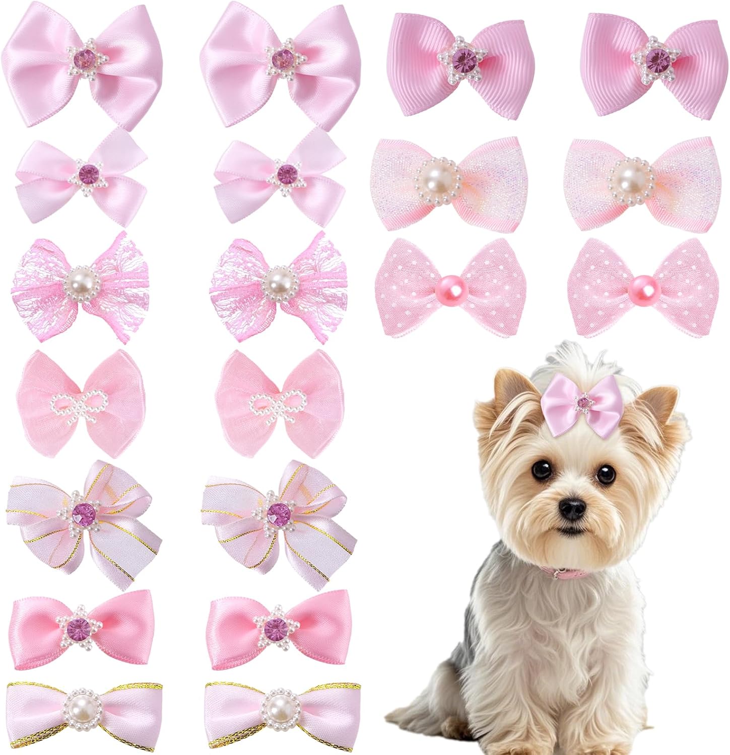 20 PCS Cute Dog Hair Bows with Rubber Bands Elastic Handmade Mix Style Lace Rhinestone Pearls for Furry Puppy Cat Pet Girl, Pink