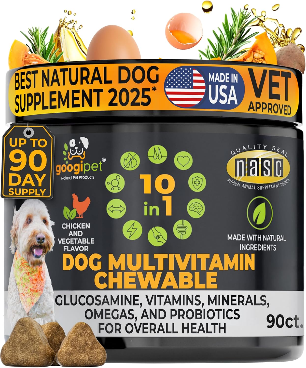 Googipet Premium Dog Multivitamin Chewable, Dog Vitamins and Supplements, Puppy Vitamins & Senior Dogs Probiotics for Gut Health + Vitamin C, Glucosamine for Dogs Joint Support (Chicken Flavor)