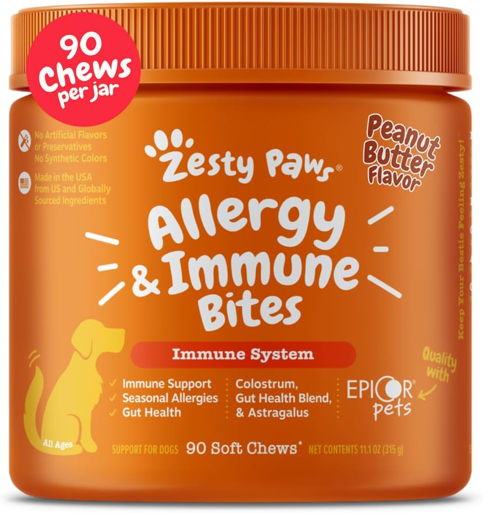 Zesty Paws Dog Allergy Relief Chews, Dog Probiotics for Itchy Skin and Ears, Peanut Butter, 90ct