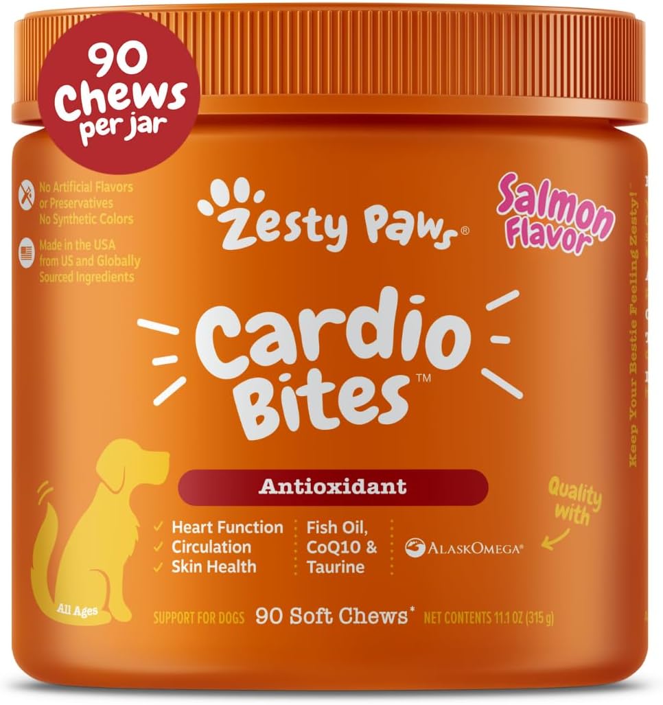 Zesty Paws Cardiovascular Support for Dogs – Taurine for Dogs – with CoQ10, L Carnitine & Sea Buckthorn – Senior Heart Health – AlaskOmega Fish Oil Omega 3 – Senior – Salmon – 90 Count