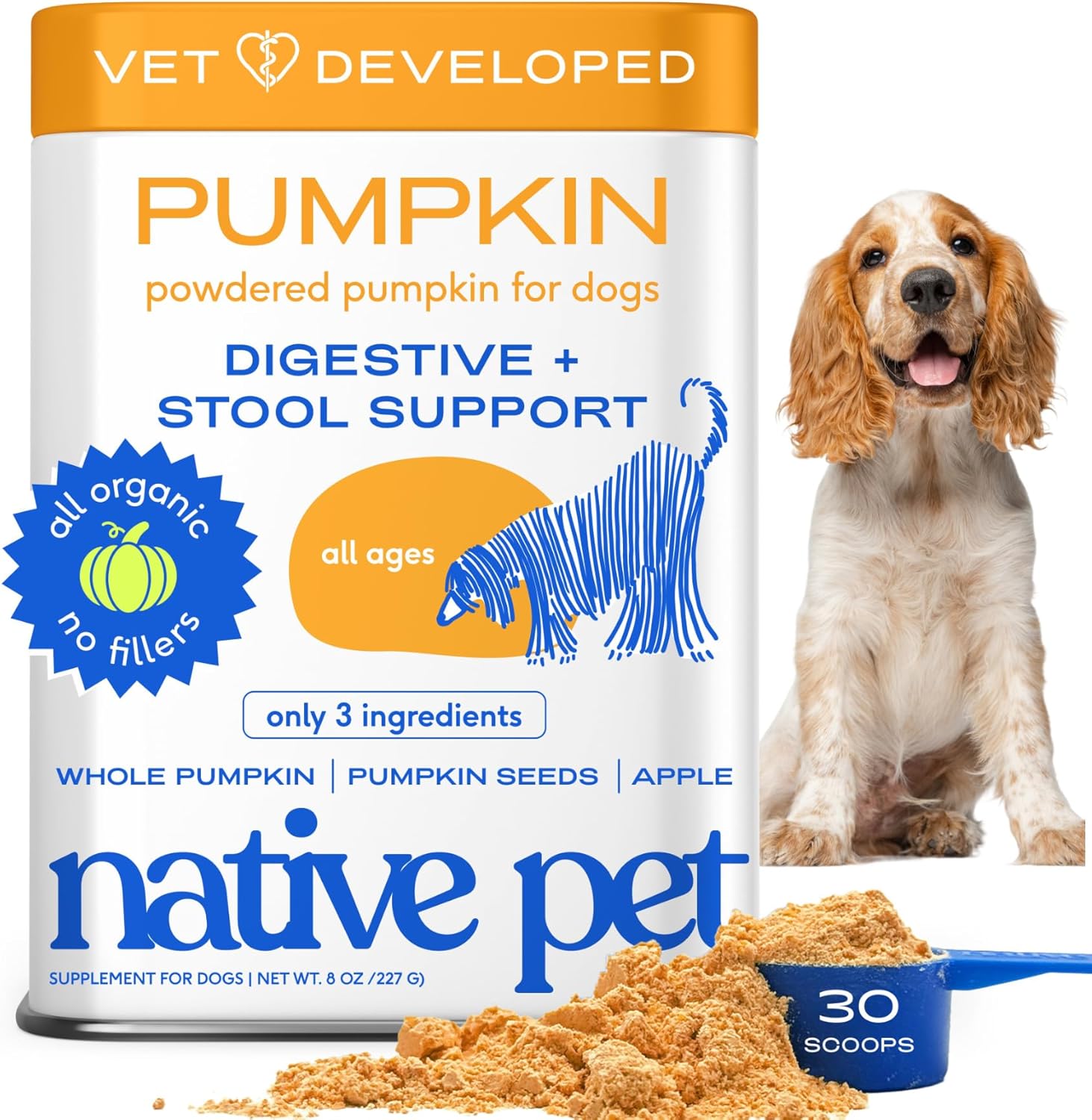 Native Pet Pumpkin for Dogs – Organic Powder Pumpkin Puree Dog Food Toppers -Rich in Fiber Supplement Powder Helps with Digestion, Nutrient Absorption, Diarrhea, Constipation & Upset Stomach-30 Scoops