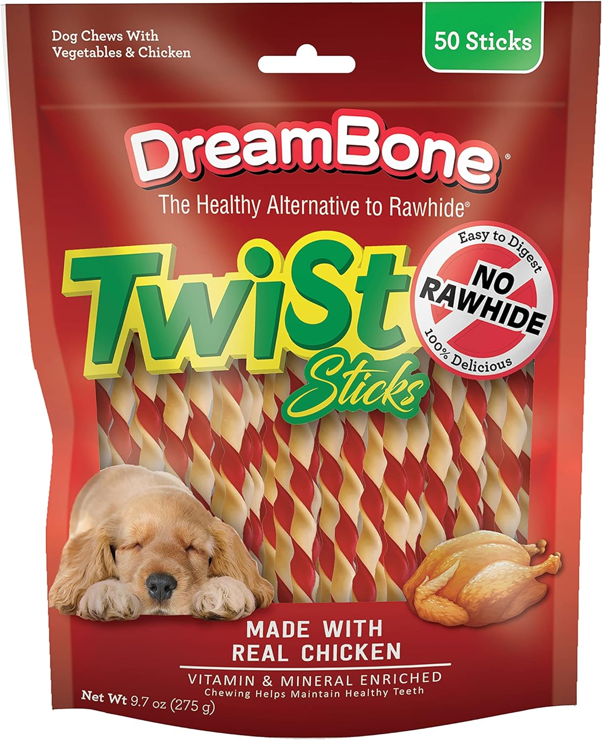 DreamBone Twist Sticks Chews for Dogs, 50 Count, Treat Your Dog to Easy-to-Digest Rawhide-Free Chews Made with Real Vegetables and Chicken